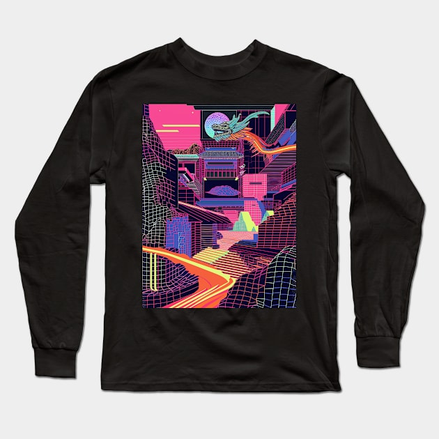 neon valley flight of the digital dragon Long Sleeve T-Shirt by bulografik